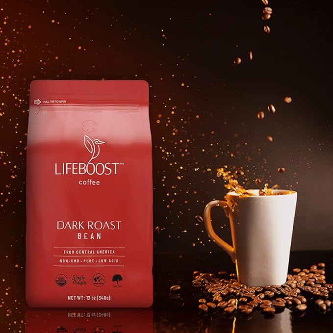 Lifeboost Dark Roast Whole Bean Coffee - Low Acid Organic Coffee Non-GMO USDA Organic Single Origin Third-Party Tested for Mycotoxins &amp Pesticides - 12 oz Pack of 3