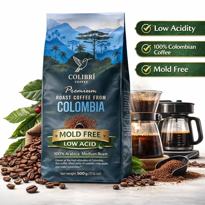 Low Acid Coffee Ground coffee Medium Roast Colombian Coffee Ground coffee for coffee maker Ideal for Cold Brew and Reusable K Cups for Keurig 16 Oz