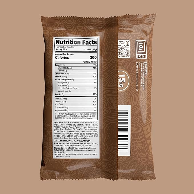 Redefine Foods Chocolate Protein Donut - 8 Count - Chocolate Flavor - 15g of Protein Per Serving - No Artificial Ingredients