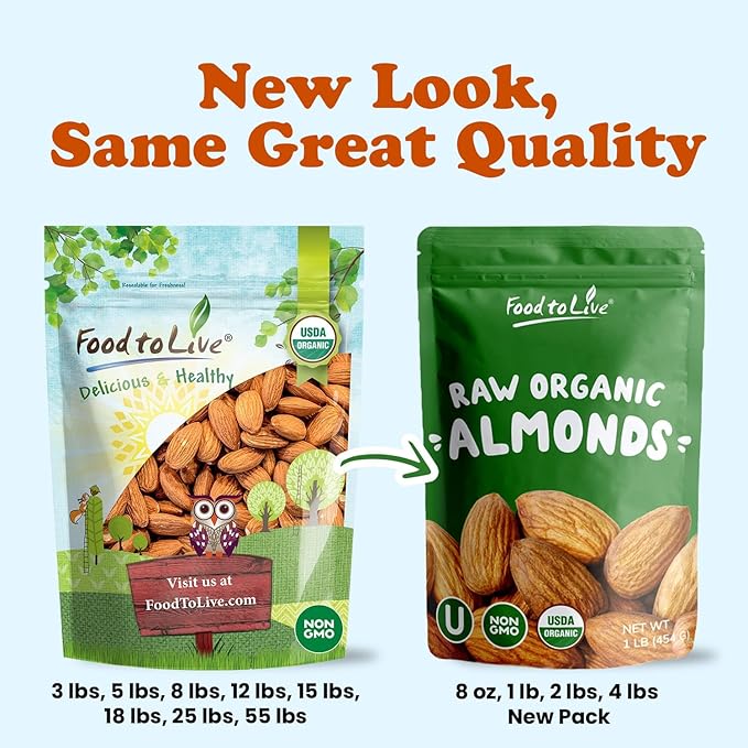 Food to Live - Organic Imported Raw Almonds 5 Pounds Non-GMO Whole No Shell Unpasteurized Unsalted Vegan Kosher Keto-Friendly.