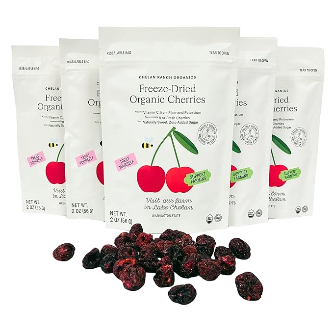 Chelan Ranch Organics Freeze-Dried Organic Cherries Non-GMO &amp Vegan 2 Ounce Bag (3-Pack)