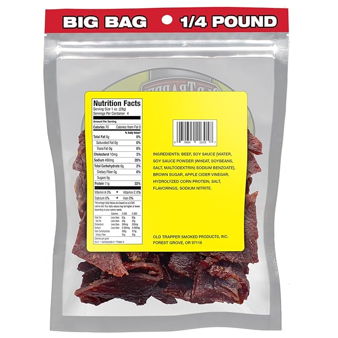 Old Trapper Beef Jerky Teriyaki 1/4-Pound Individual Package Savory and Sweet Meat Snack for Lunches or Between Meals 11 Grams of Protein Zero Grams of Fat 70 Calories per Serving (Pack of 8)