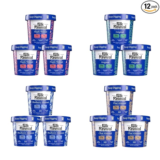 Folk Revival Keto Instant 'Oatmeal' Variety Pack - 20g of Protein Low Carb High Fiber 3 Blueberry 3 Maple Walnut 3 Chai Almond 3 Original - 12 Cups Per Case