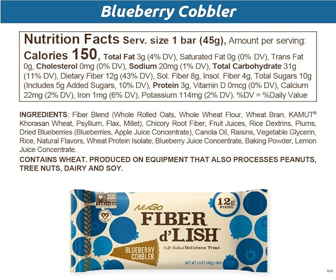 NuGo Fiber d'Lish Blueberry Cobbler 12g High Fiber Vegan 150 Calories 16 Count