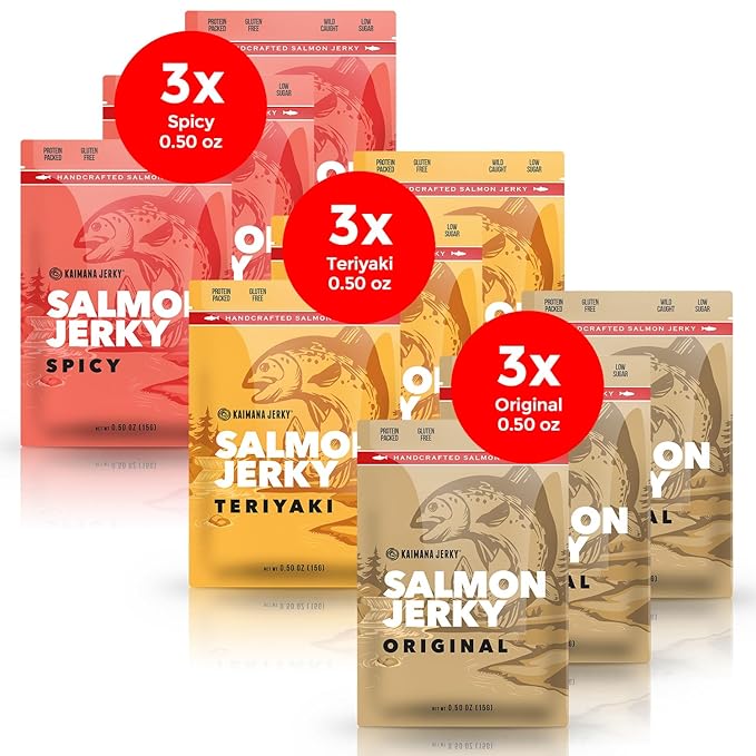 Kaimana Jerky Wild Caught Salmon Jerky - Organic Dried Fish Strips Rich in Omega-3 &amp Protein Low-Calorie Gluten-Free Low Sodium &amp Sugar - Original Teriyaki &amp Spicy Flavors - 9 Pack (0