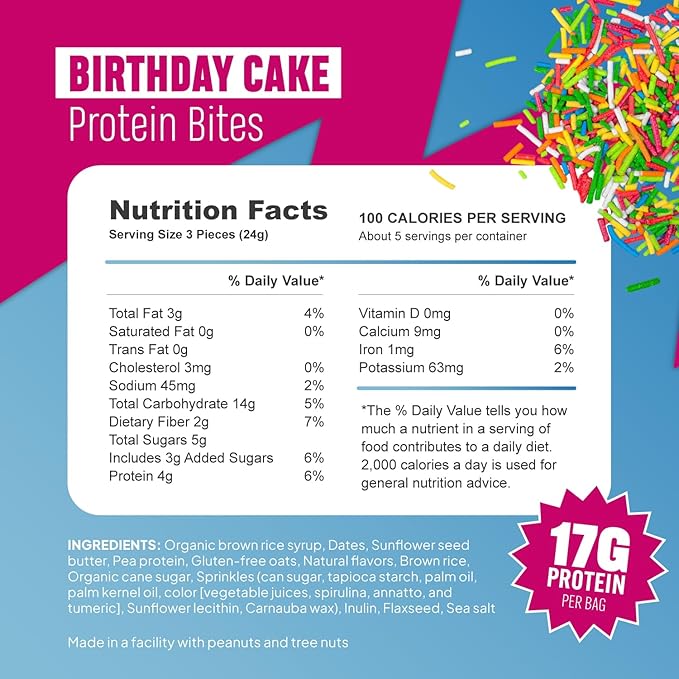 McCaffrey Protein Bites – Birthday Cake Flavor – 6 Multi-Serving 4oz Bags – 4g of Protein per Serving – Gluten-Free Vegan High Fiber Energy Snack for Active Families