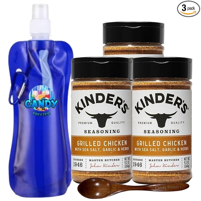 Kinder’s Premium Blend Seasoning – Three (3) 6 oz Bottles – All-Purpose Rub for Grilling Cooking &amp Roasting – No MSG Gluten-Free Non-GMO – Includes Collapsible Bottle &amp Wooden Spoon (Total