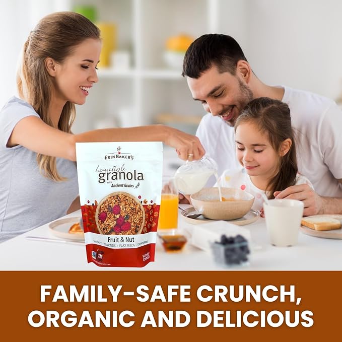 Erin Baker’s Homestyle Fruit and Nut Granola with Ancient Grains - Made from Natural Ingredients Crunchy Texture Versatile Snack or Cereal - Vegan Friendly Non-GMO Resealable 12oz Bags 6‑Pack