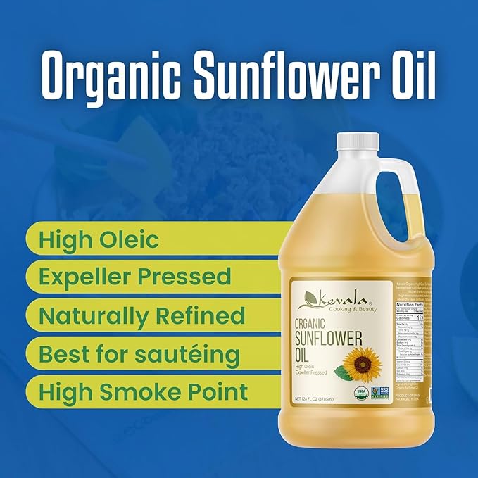 Kevala Organic Sunflower Oil - Oil Rich in Vitamin E for Cooking and Body Care Great Ingredient for a Salad Dressing with no Cholesterol Kitchen Pantry Staple for your Home 128 fl oz 1 gal