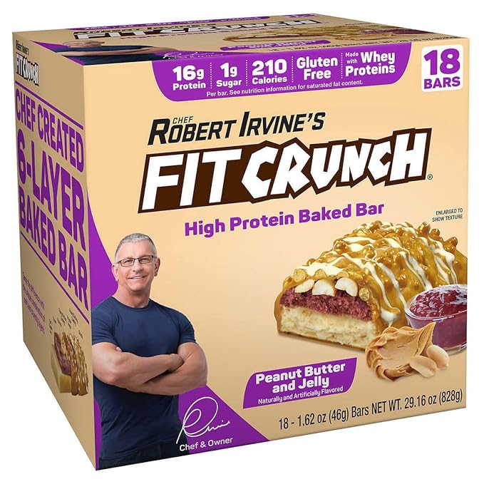 FITCRUNCH Snack Size Protein Bars 6-Layer Baked Bar 1g of Sugar Gluten Free &amp Soft Cake Core (18 Bars Peanut Butter and Jelly)