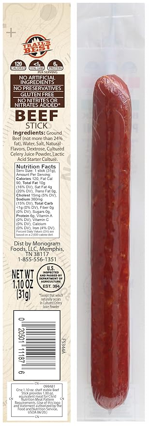 Trail's Best 1.1oz Beef Sticks – 16 Count Tubs (6 inch sticks made with all beef)