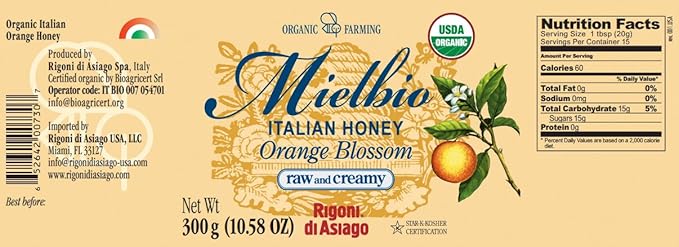 Rigoni di Asiago Mielbio Organic Italian Raw and Creamy Honey Orange Blossom10.58 Oz (Pack of 6)