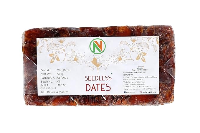 NatureVit Seedless Dates 500g | Premium Arabian Pin Khajur | Soft &amp Juicy | Natural Energy Booster | Gluten-Free Dry Fruit