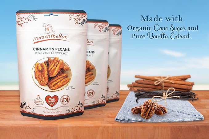 Nuts on the Run Cinnamon Pecans - 4oz (PACK OF 3 BAGS) Roasted Cinnamon Pecan Pralines Satisfaction Guarantee