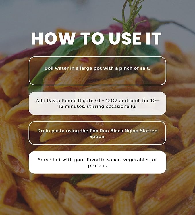 Penne Pasta Noodles – 4x Rummo Penne-Rigate-Pasta 12 oz Bundle with Nylon Slotted Spoon – GlutenFree Italian Pasta Tubes for Sauces &amp Everyday Cooking – Gift Set (5 Items)