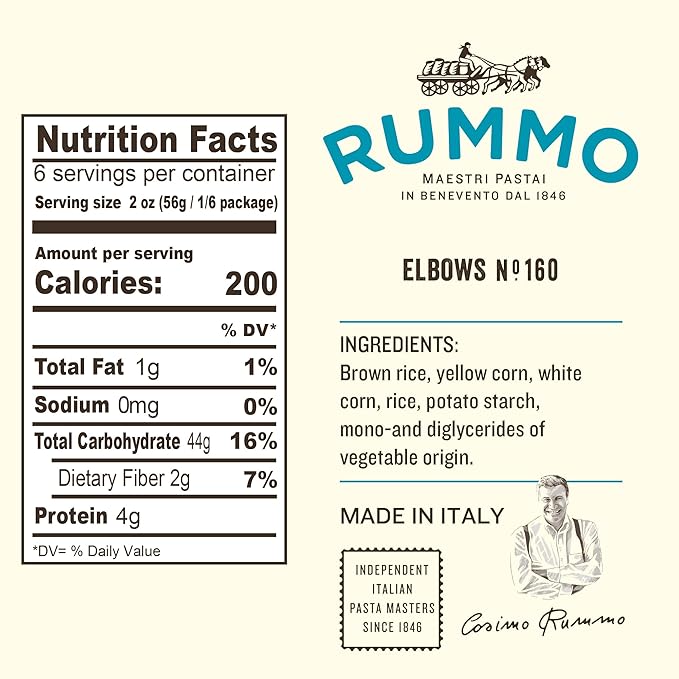Rummo Gluten Free Elbows Pasta N.160 - Elbow Macaroni Noodles Made with Brown Rice &amp Corn Whole Wheat Pasta GF Pasta Noodles - 12 Ounce (Pack of 4)