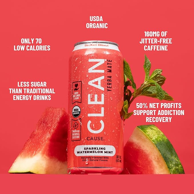 CLEAN Cause Low Calorie Watermelon Mint Sparkling Yerba Mate Tea 160mg Caffeine Organic Low Sugar Healthy Alternative to Energy Drinks (16oz cans 12-Pack Case)