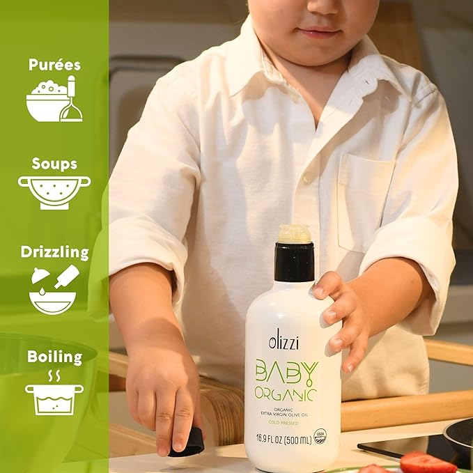 Olive Oil for Baby Food - Olizzi Baby Organic Extra Virgin Olive Oil Cold Pressed USDA Organic Kosher Delicious Smooth Award Winning Polyphenol Rich 16.9 FL OZ (500 ML)