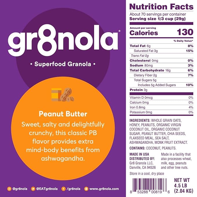 gr8nola PEANUT BUTTER - Healthy Low Sugar Bulk Granola Cereal - Made with Superfoods Peanuts Ashwagandha and Chia Seeds Soy Free Dairy Free and No Refined Sugar - 4.5lb Resealable Bag