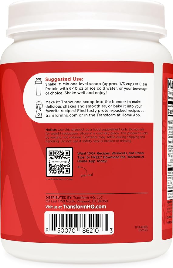 TransformHQ Clear Protein Powder (Fruit Punch) 21 Servings - Whey Protein Isolate 20g of Protein 90 Calories 0g Added Sugars