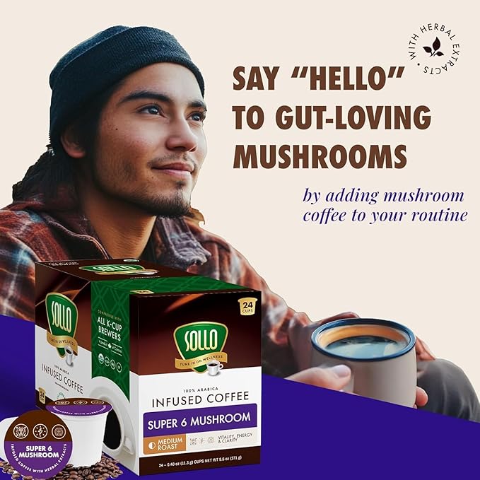 Sollo Infused Super 6 Mushroom Blend Coffee Pods – 100% Arabica Medium Roast with 6 Functional Mushrooms &amp B-Vitamins – Lion’s Mane Chaga Reishi Cordyceps Turkey Tail Oyster – 24 K-Cups