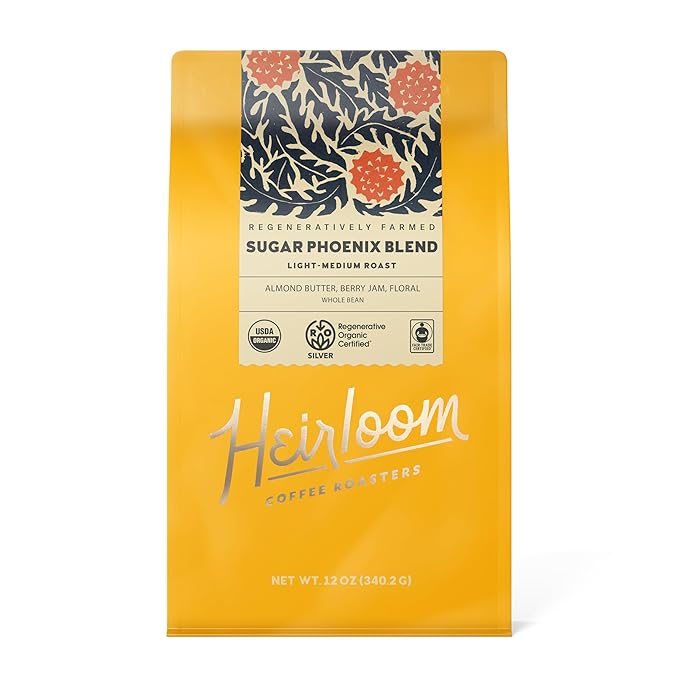 Heirloom Coffee Roasters - Sugar Phoenix Blend - Medium Roast - Whole Bean Coffee - 100% Regenerative Organic Certified 12oz