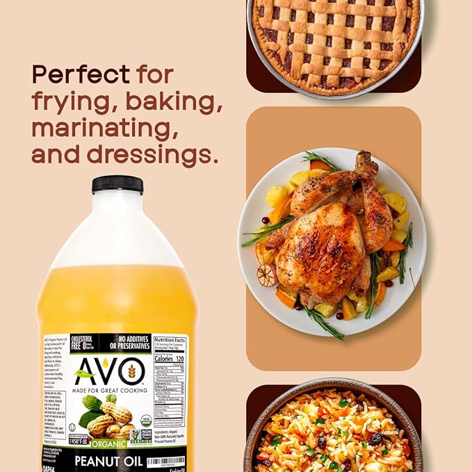 AVO Made for Great Cooking Organic Peanut Oil Half Gallon - Perfect for Cooking &amp Deep Frying - Ideal for Chefs Moms and Grillers - Bulk Organic Peanut Oil for Deep Frying Turkey