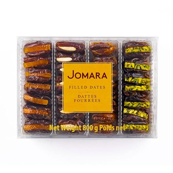 Jomara Premium Filled Dates Mix Pack 4 Flavors | 28oz / 800g | Natural Dates filled with Orange Peel Caramelized Pecan Roasted Almond or Pistachio| Healthy Dried Fruit for Snacking | Natural Source