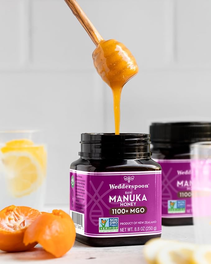 Wedderspoon Raw Manuka Honey 1100+ MGO 8.8 Oz Unpasteurized New Zealand Honey Non-GMO BPA-Free Jar Superfood &amp Natural Wellness Support
