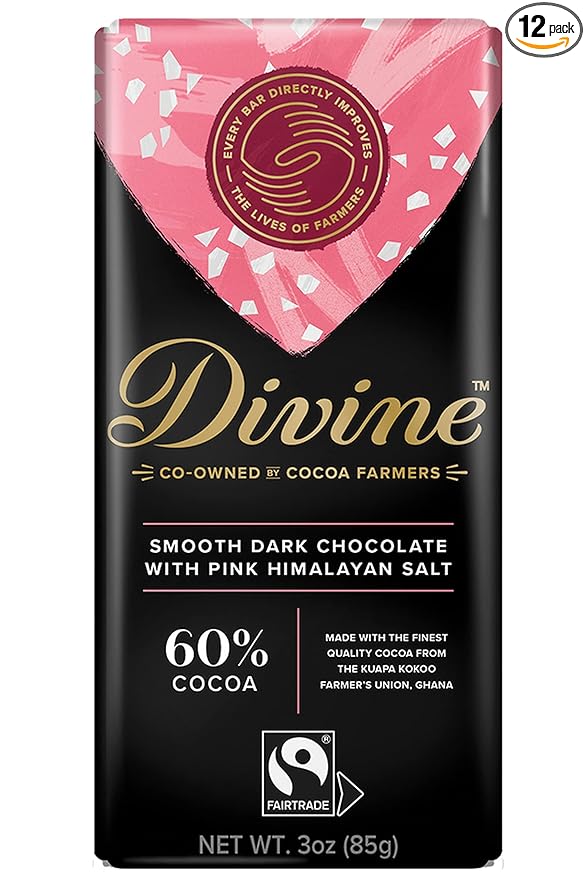 Divine Chocolate Bars - 60% Dark Chocolate with Pink Himalayan Salt - Made with Fairtrade Cocoa Natural Ingredients No Artificial Flavors | 3oz. Bars (12 Pack)