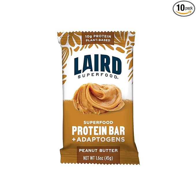 Laird Superfood Functional Protein Bars – Protein Bar but Better with Real Ingredients Functional Mushrooms 10g Plant-Based Protein 6g Fiber - Non-GMO - Peanut Butter 10 Count (Pack of 1)