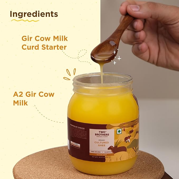 Grass Fed A2 Cultured Ghee | Gir Cow Ghee | Clarified Butter | Cultured Desi Ghee Non-GMO Lactose-Free Keto Friendly - Two Brothers Organic Farms (16 fl oz (500 ml) Plastic)