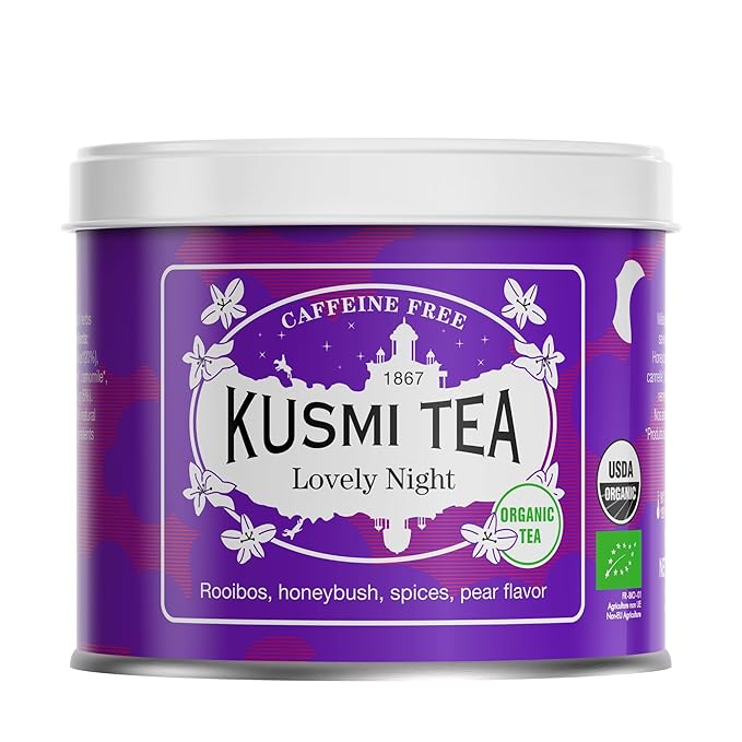 Kusmi Tea - Lovely Night - Organic Herbal Tea - Rooibos Herbal Tea with Honeybush Pear Licorice &amp Linden - Caffeine Free Tea - Loose Leaf Tea - Tin Box of 3.5 oz - Quantity for about 50 cups