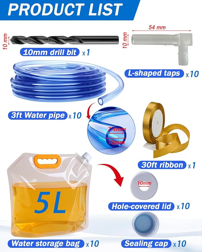 WANTELFOR Maple Syrup Tapping Kit - 10 Sets with Taps 3ft Tubing 5L Big Capacity Collection Bags and appropriate drill bit for DIY Birch Tree Sap Collection Ideal for Beginners &amp Experts (Large