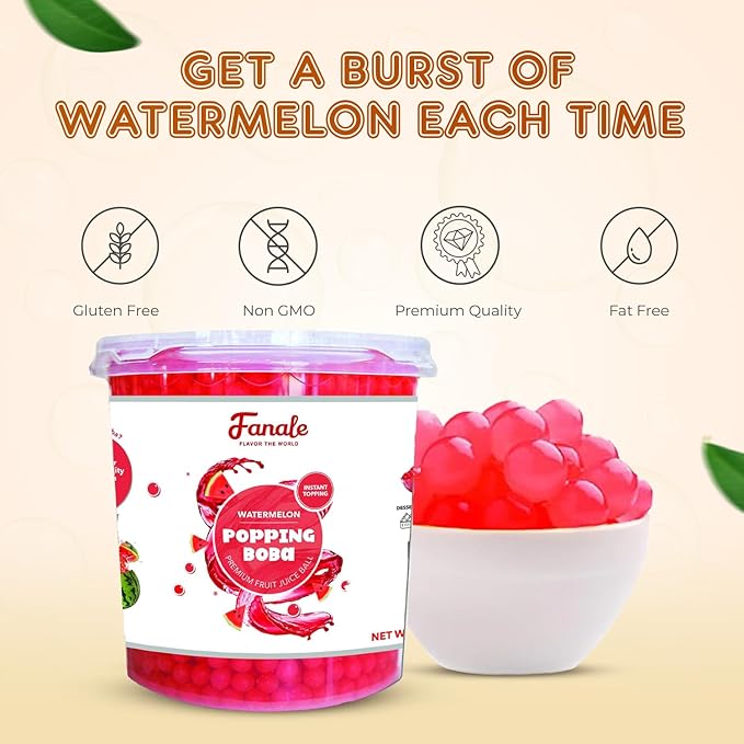 Fanale Watermelon Popping Boba Pearls Vegan Non GMO Gluten Free Fat Free Perfect for Bubble Tea Smoothies Ice Cream Desserts and Beverages.