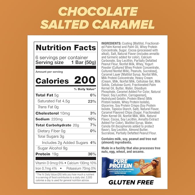 Pure Protein Bars High Protein Nutritious Snacks to Support Energy Low Sugar Gluten Free Chocolate Salted Caramel 1.76 oz. 36 Count