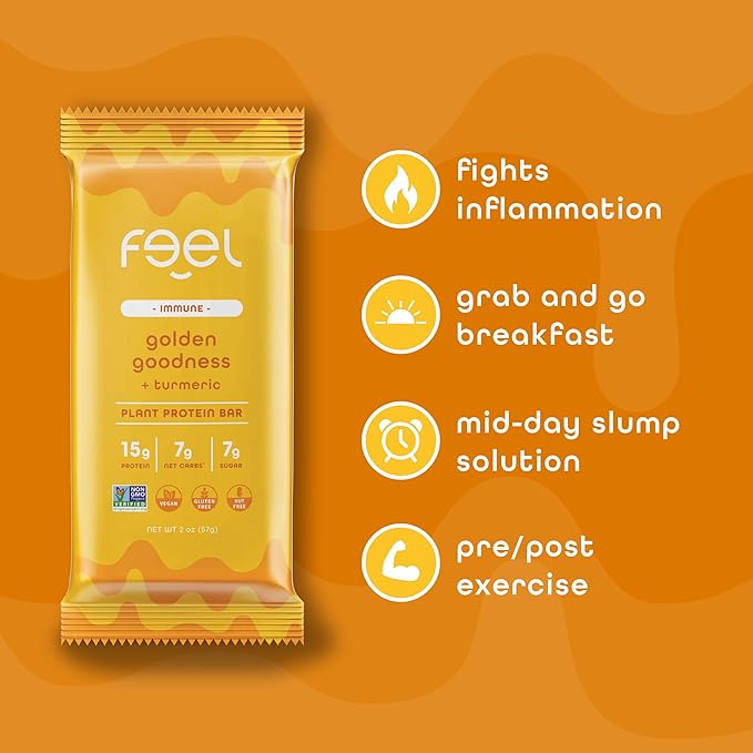Feel Vegan Protein Bars Golden Goodness Keto Gluten Free Organic Turmeric 15g Protein Low Carb Dairy Free Grain Free Nut Free Soy Free Non GMO 10 Pack