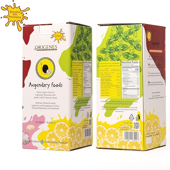 Pack of 4 Extra Virgin Flavored Olive Oil - Garlic Chili Lemon &amp Basil Infused EVOO - Cold Pressed Polyphenol Rich EVOO Intense Flavor Olive Oil Extra Virgin from Laconia 4X250ml