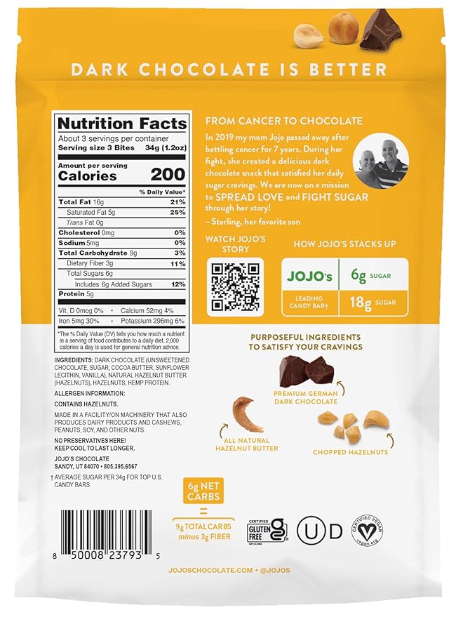 JOJO's Dark Chocolate Peanut Butter and Hazelnut Variety Pack Healthy Snack Low Sugar Low Carb Gluten Free Non GMO Paleo &amp Keto Friendly Made with Plant Based Hemp Protein Vegan (4 Count)