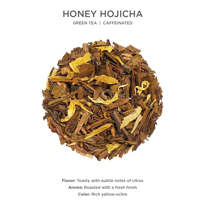 Tea Forte Honey Hojicha Premium Loose Leaf Caffeinated Green Tea Blend Canister Makes 35-50 Cups