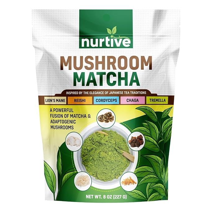 Nurtive Mushroom Matcha Powder - Harmonious Blend of Ceremonial Matcha and Adaptogenic Mushrooms Including Lion's Mane Reishi Cordyceps Chaga and Tremella (8oz / 227g)