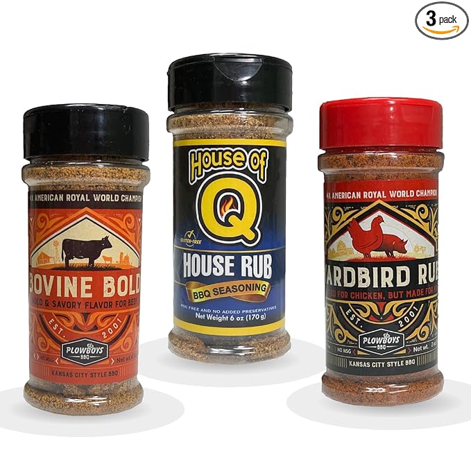Plowboys and House of Q BBQ Rub Pack Gift Set Yardbird House of Q House Rub Bovine Bold Versatile Steak Pork Chicken Beef Veggies Seasoning Ideal for BBQ Fans 3 Pack 5 to 6oz Each Pinnacle Merc