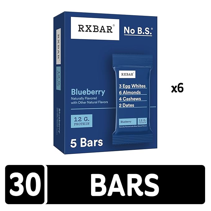 RXBAR Protein Bars 12g Protein Gluten Free Snacks Blueberry (6 Boxes 30 Bars)