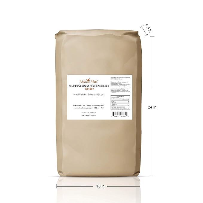 Monk Fruit Zero Calorie Sweetener (2x Sugar Sweet Golden) 25kg/55Lbs- Granular Powder Blended with Erythritol - Sweet Natural Alternative to Xylitol and Stevia - Sugar Replacement for Keto Paleo L
