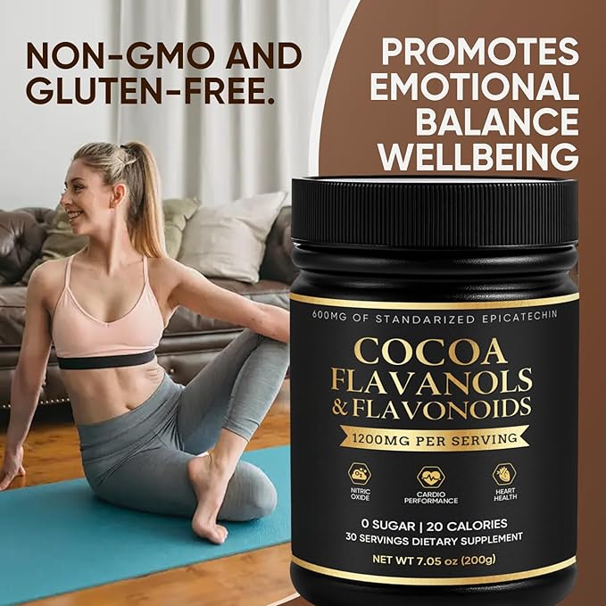 High Flavanol Cacao Powder with 1200mg Flavanols &amp Epicatechin Blend for Supports Circulation Energy Boost &amp Elevate Mood Supports Heart Health &amp Brain Function Gluten Free Vegan 200