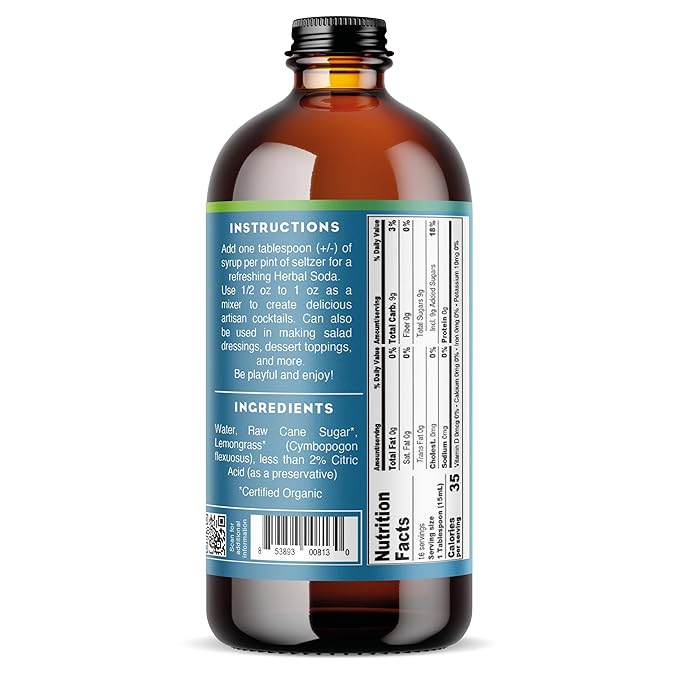 Bluestem Botanicals Organic Lemongrass Simple Syrup 8 oz Cocktail and Mocktail Mixer for Drinks Non-Alcoholic