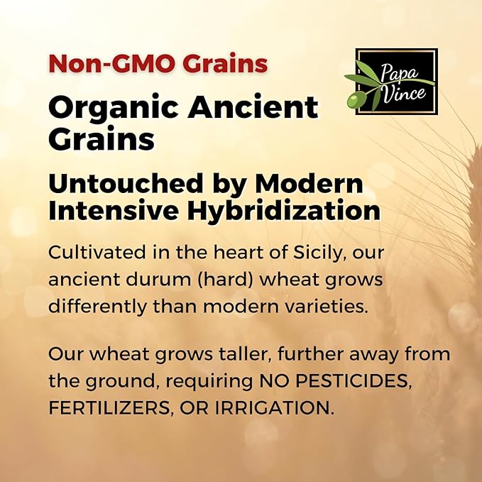 Papa Vince Organic Italian Pasta - Imported Whole Wheat Heirloom Grain from Italy: Non-Enriched Bronze Die-Cut High Fiber Slow Carb Slow-Dried Artisan Busiate Pasta Made in Italy
