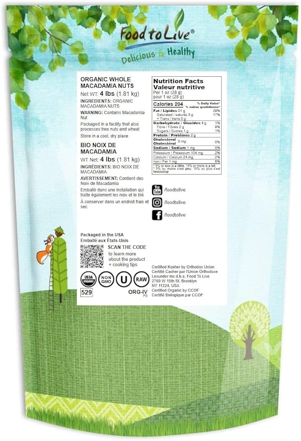 Food to Live Organic Whole Macadamia Nuts 4 Pounds – Non-GMO Raw Shelled Unsalted Kosher Vegan Bulk. Keto Snack. Buttery Flavor. Good Source of Fiber Healthy Fats. Perfect for Desserts.