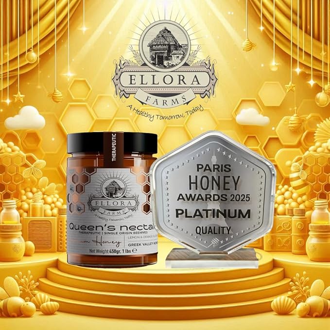 Ellora Farms Greek Honey Lemon &amp Orange Blossom Raw Honey Unfiltered 2025 Paris Platinum Award Non-GMO and Unpasteurized Gift Pack with Dipper - 450 g