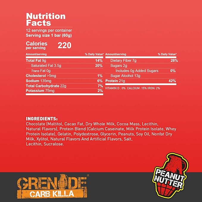 Grenade Carb Killa Protein Chocolate Bar | 21g High Protein Snack | High Protein Low Sugar | Peanut Butter Energy Bars | Peanut Nutter12 Count (Pack of 1)